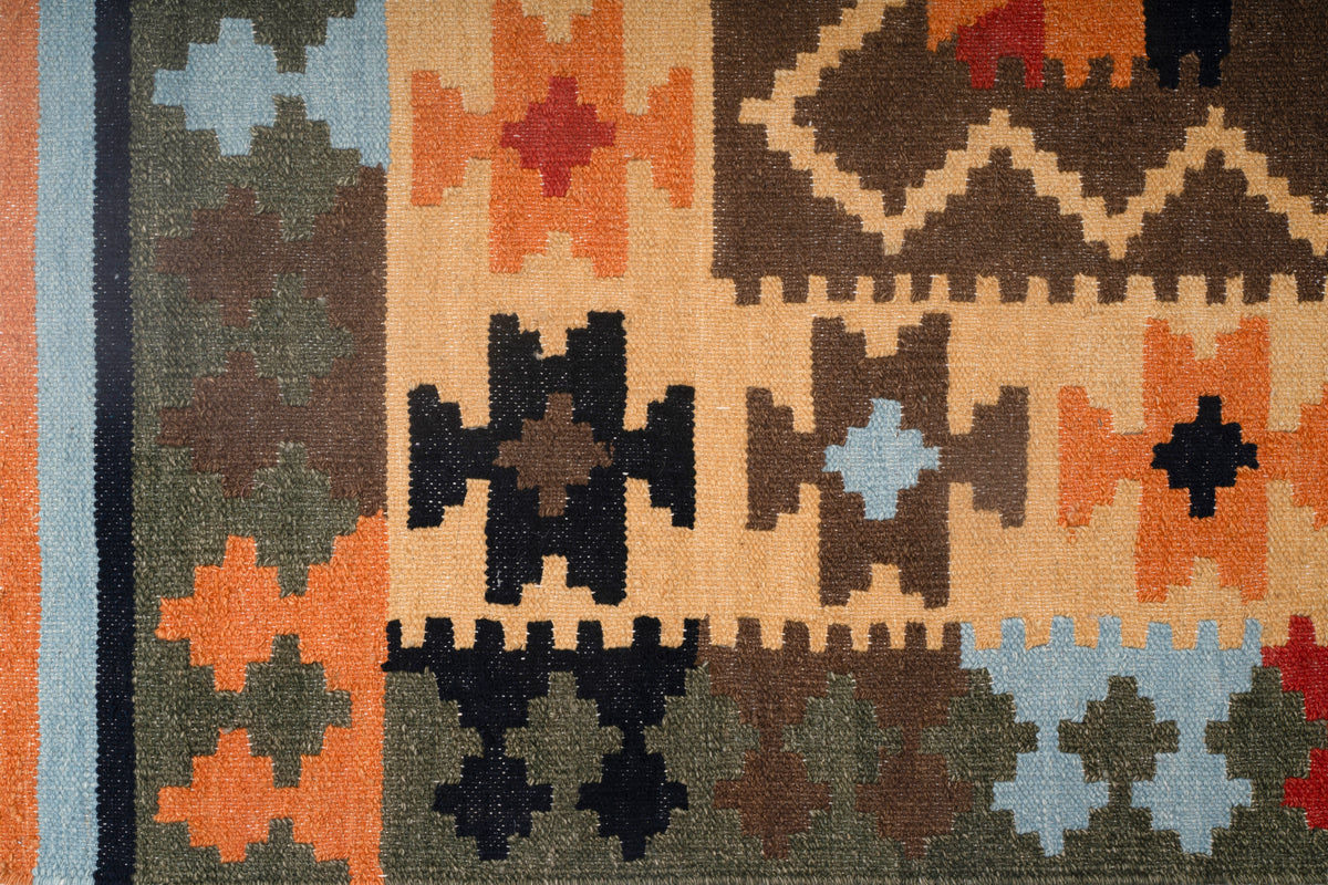 Tribal Geometric Wool Kilim Durrie Rug – Handwoven Traditional Multicolor Carpet