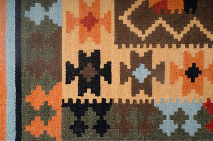 Tribal Geometric Wool Kilim Durrie Rug – Handwoven Traditional Multicolor Carpet