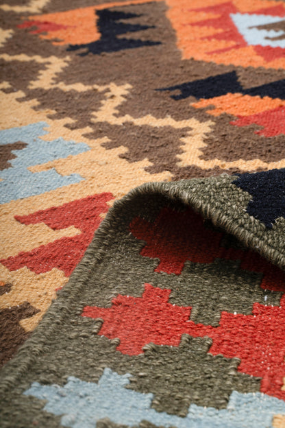 Tribal Geometric Wool Kilim Durrie Rug – Handwoven Traditional Multicolor Carpet