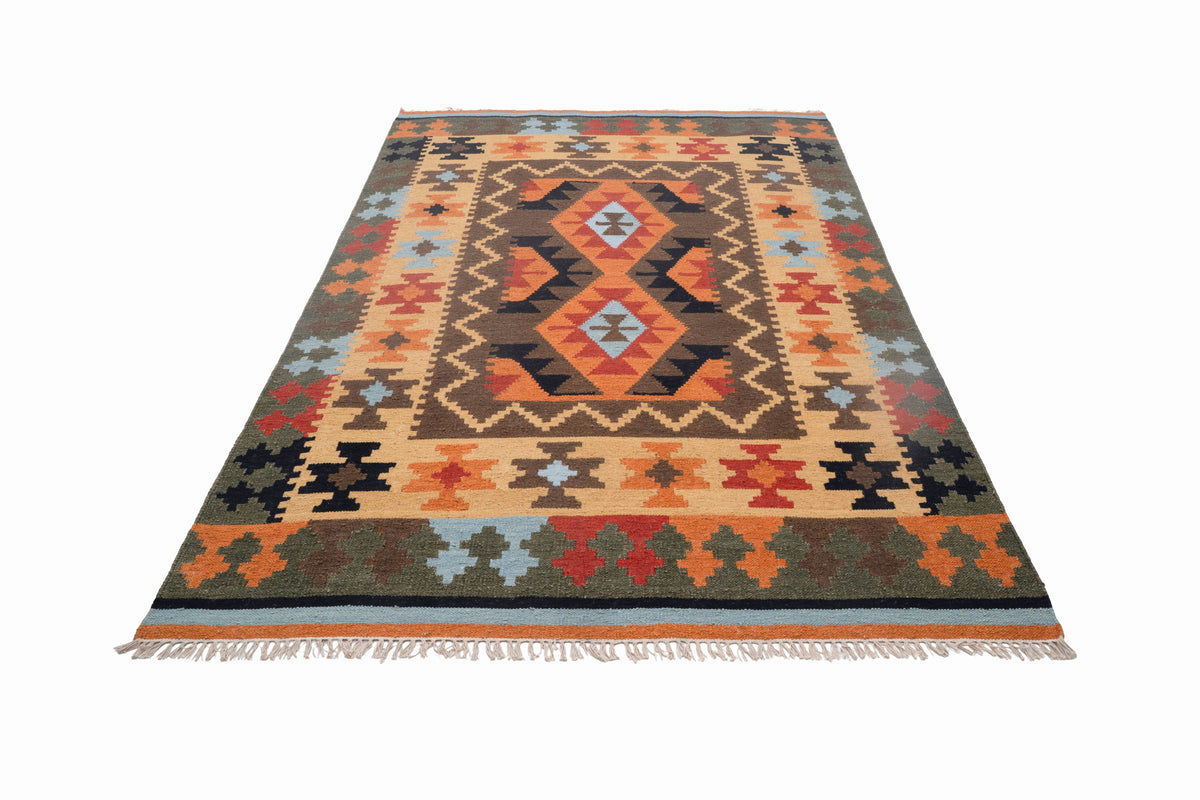 Tribal Geometric Wool Kilim Durrie Rug – Handwoven Traditional Multicolor Carpet