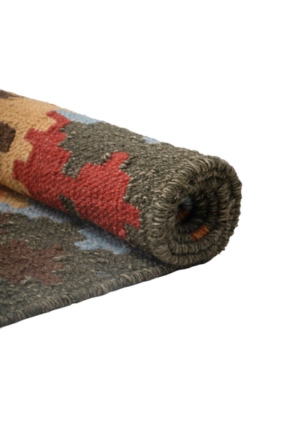 Tribal Geometric Wool Kilim Durrie Rug – Handwoven Traditional Multicolor Carpet