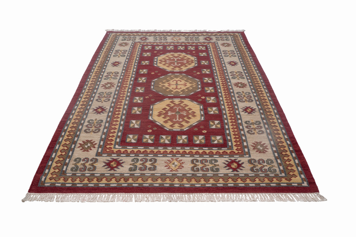 Handwoven Burgundy Medallion Kilim Rug – Wool & Cotton Traditional Durrie