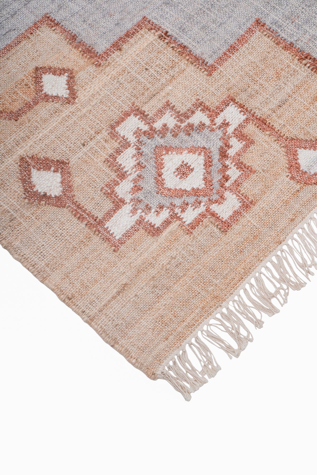 Handwoven Jute Kilim Rug – Beige & Grey Geometric Medallion Durrie
