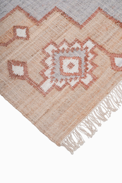 Handwoven Jute Kilim Rug – Beige & Grey Geometric Medallion Durrie