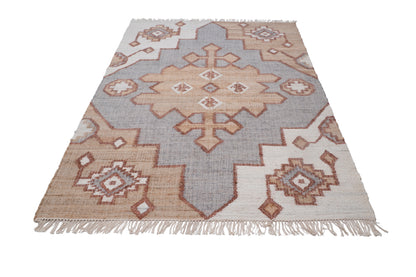 Handwoven Jute Kilim Rug – Beige & Grey Geometric Medallion Durrie