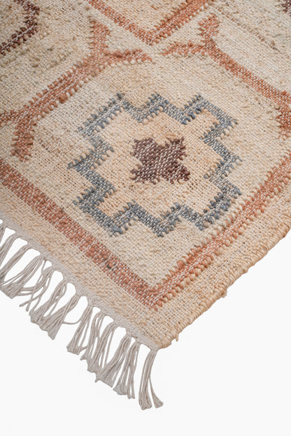 Handwoven Jute Kilim Rug – Beige Vintage Geometric Medallion Durrie