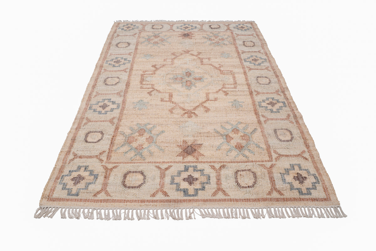 Handwoven Jute Kilim Rug – Beige Vintage Geometric Medallion Durrie