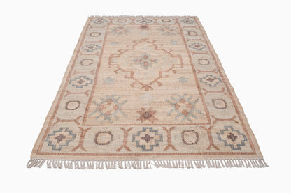 Handwoven Jute Kilim Rug – Beige Vintage Geometric Medallion Durrie