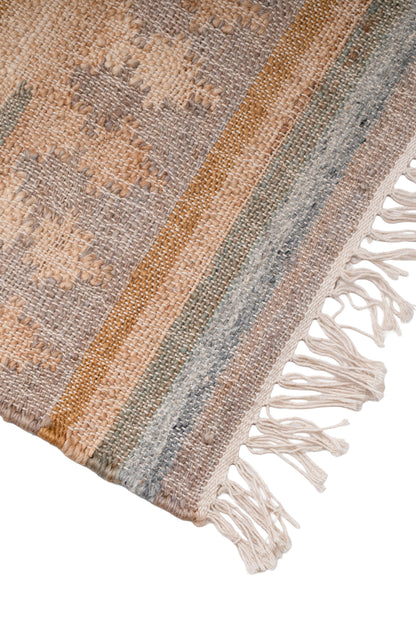 Handwoven Natural Jute Kilim Area Rug in Sand Beige & Soft Blue, Vintage Moroccan Inspired Carpet for Living Room, Bedroom & Home