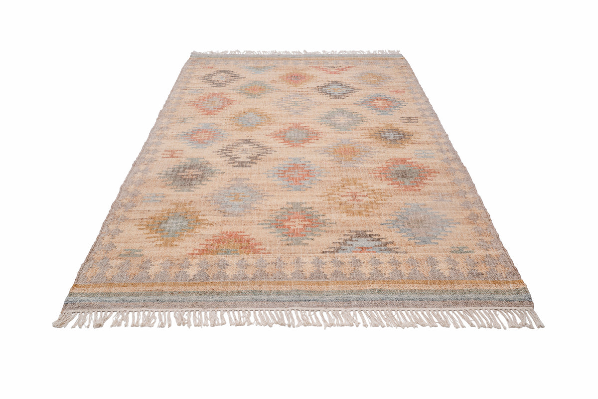 Handwoven Natural Jute Kilim Area Rug in Sand Beige & Soft Blue, Vintage Moroccan Inspired Carpet for Living Room, Bedroom & Home
