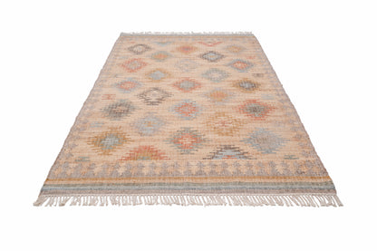 Handwoven Natural Jute Kilim Area Rug in Sand Beige & Soft Blue, Vintage Moroccan Inspired Carpet for Living Room, Bedroom & Home
