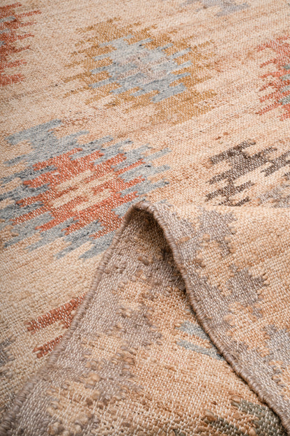 Handwoven Natural Jute Kilim Area Rug in Sand Beige & Soft Blue, Vintage Moroccan Inspired Carpet for Living Room, Bedroom & Home