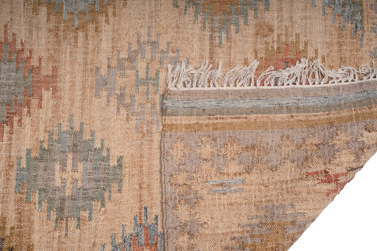 Handwoven Natural Jute Kilim Area Rug in Sand Beige & Soft Blue, Vintage Moroccan Inspired Carpet for Living Room, Bedroom & Home