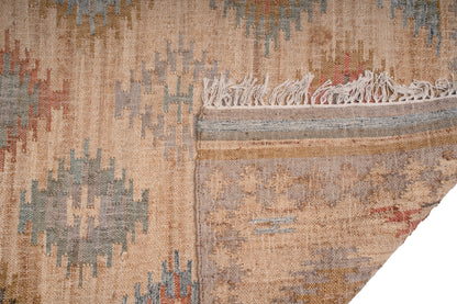 Handwoven Natural Jute Kilim Area Rug in Sand Beige & Soft Blue, Vintage Moroccan Inspired Carpet for Living Room, Bedroom & Home