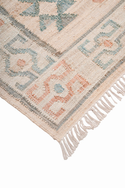 Handwoven Jute Kilim Rug, Vintage Geometric Area Rug, Beige Blue Bohemian Carpet, Natural Jute Cotton Flatweave Rug