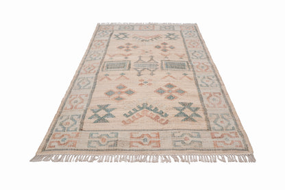 Handwoven Jute Kilim Rug, Vintage Geometric Area Rug, Beige Blue Bohemian Carpet, Natural Jute Cotton Flatweave Rug