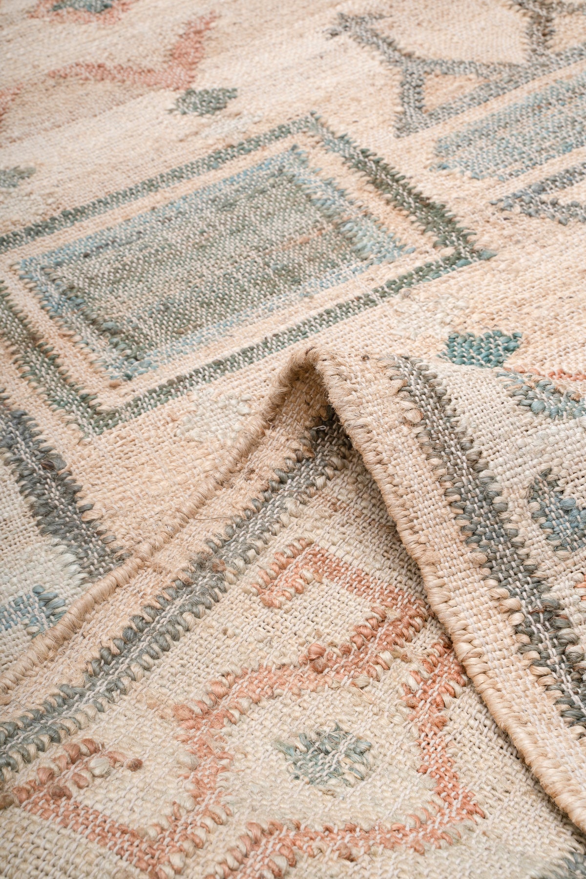 Handwoven Jute Kilim Rug, Vintage Geometric Area Rug, Beige Blue Bohemian Carpet, Natural Jute Cotton Flatweave Rug
