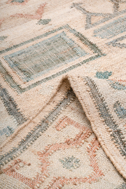 Handwoven Jute Kilim Rug, Vintage Geometric Area Rug, Beige Blue Bohemian Carpet, Natural Jute Cotton Flatweave Rug
