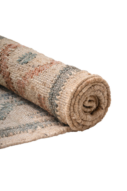 Handwoven Jute Kilim Rug, Vintage Geometric Area Rug, Beige Blue Bohemian Carpet, Natural Jute Cotton Flatweave Rug