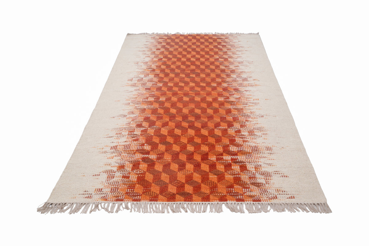 Rustic Handwoven Wool Kilim Durrie | Abstract Geometric Terracotta & Cream Rug