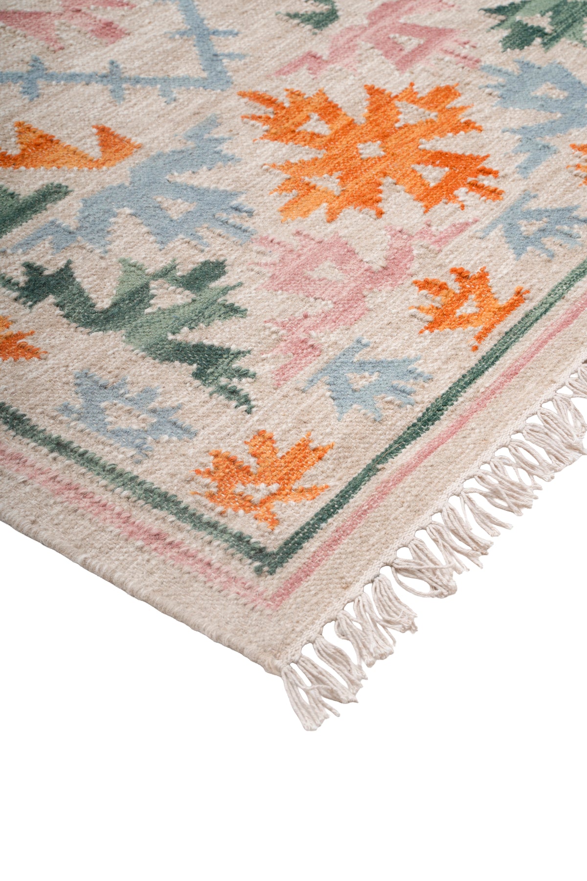 Handwoven Wool Kilim Durrie Rug – Pastel Geometric Tribal Area Rug with Fringe