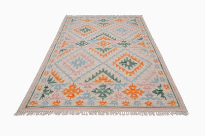 Handwoven Wool Kilim Durrie Rug – Pastel Geometric Tribal Area Rug with Fringe