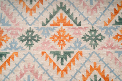 Handwoven Wool Kilim Durrie Rug – Pastel Geometric Tribal Area Rug with Fringe