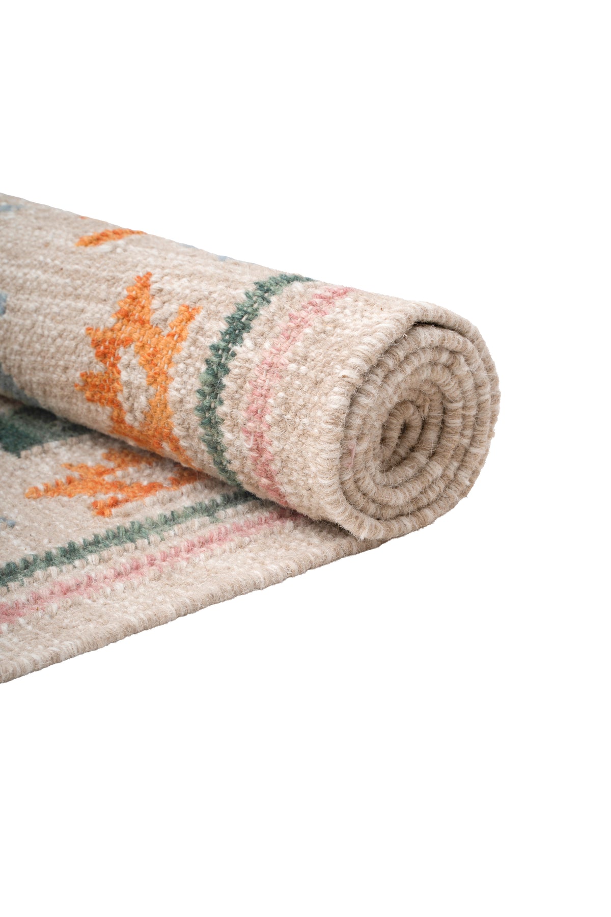 Handwoven Wool Kilim Durrie Rug – Pastel Geometric Tribal Area Rug with Fringe