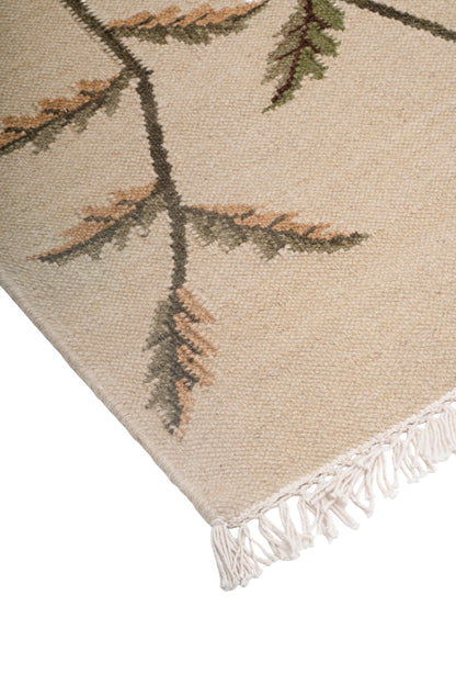 Handwoven Wool Kilim Rug – Botanical Leaf Pattern Beige Area Rug with Fringed Edges