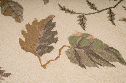 Handwoven Wool Kilim Rug – Botanical Leaf Pattern Beige Area Rug with Fringed Edges