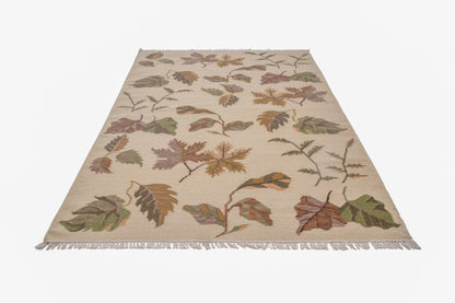 Handwoven Wool Kilim Rug – Botanical Leaf Pattern Beige Area Rug with Fringed Edges