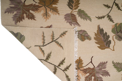 Handwoven Wool Kilim Rug – Botanical Leaf Pattern Beige Area Rug with Fringed Edges