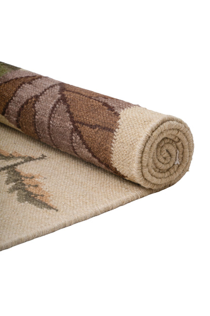 Handwoven Wool Kilim Rug – Botanical Leaf Pattern Beige Area Rug with Fringed Edges