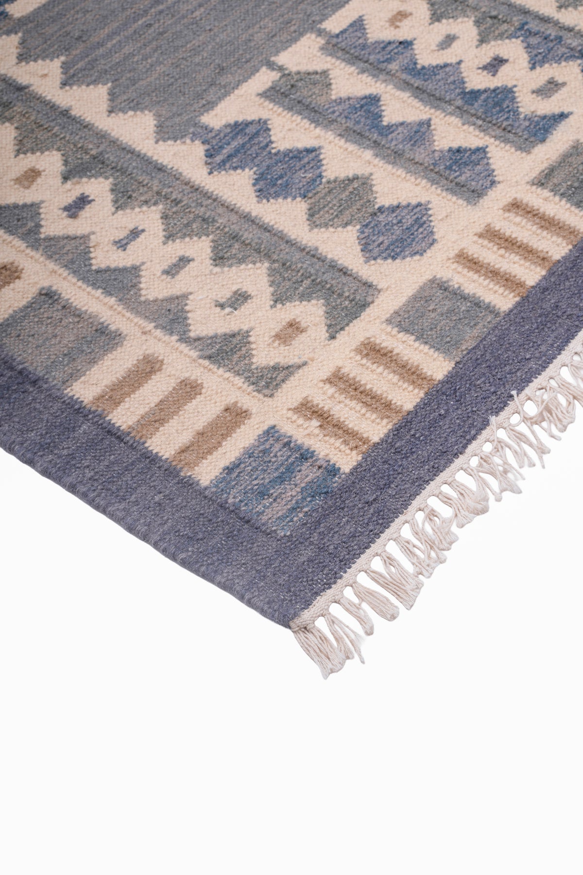 Handwoven Wool Kilim Durrie Rug – Blue Grey Geometric Tribal Area Rug with Fringe