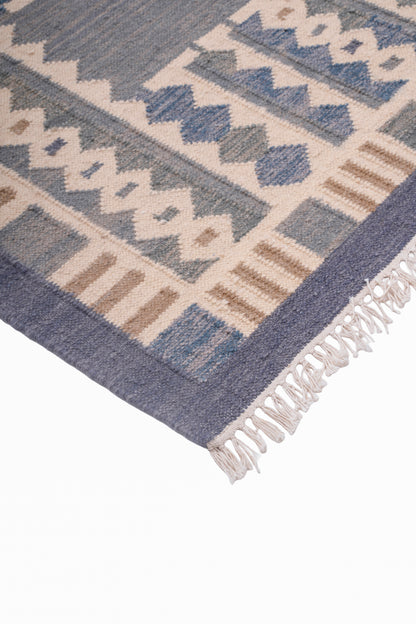 Handwoven Wool Kilim Durrie Rug – Blue Grey Geometric Tribal Area Rug with Fringe