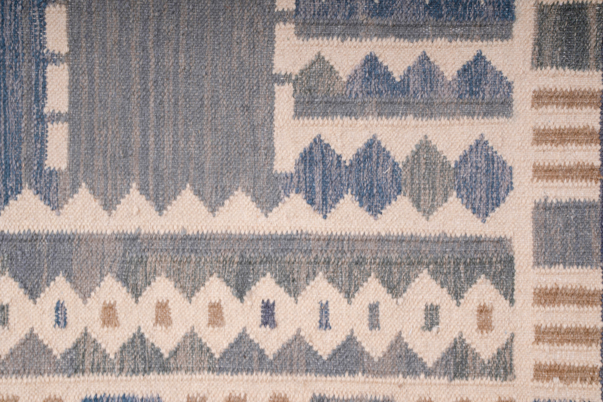 Handwoven Wool Kilim Durrie Rug – Blue Grey Geometric Tribal Area Rug with Fringe