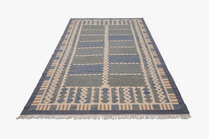Handwoven Wool Kilim Durrie Rug – Blue Grey Geometric Tribal Area Rug with Fringe
