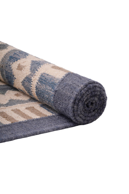 Handwoven Wool Kilim Durrie Rug – Blue Grey Geometric Tribal Area Rug with Fringe