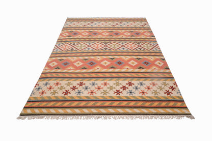 Handwoven Wool Kilim Durrie Rug, Multicolor Geometric Tribal Area Rug, Traditional Indian Flatweave Carpet