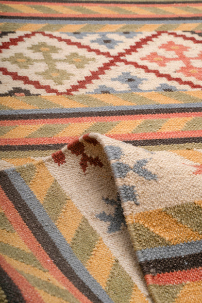 Handwoven Wool Kilim Durrie Rug, Multicolor Geometric Tribal Area Rug, Traditional Indian Flatweave Carpet