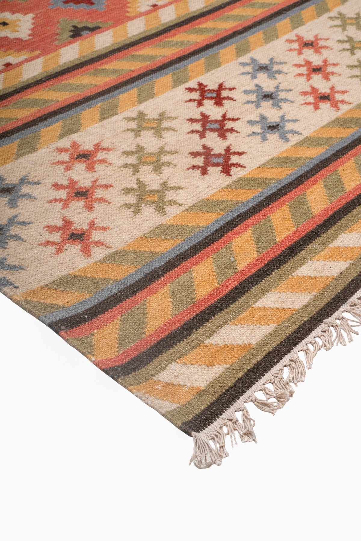 Handwoven Wool Kilim Durrie Rug, Multicolor Geometric Tribal Area Rug, Traditional Indian Flatweave Carpet
