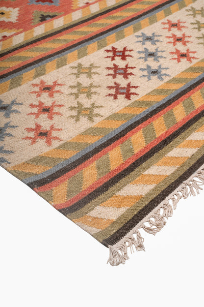 Handwoven Wool Kilim Durrie Rug, Multicolor Geometric Tribal Area Rug, Traditional Indian Flatweave Carpet