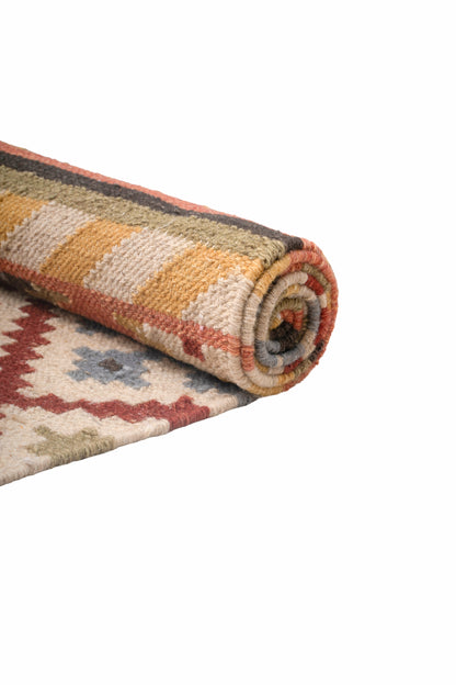 Handwoven Wool Kilim Durrie Rug, Multicolor Geometric Tribal Area Rug, Traditional Indian Flatweave Carpet