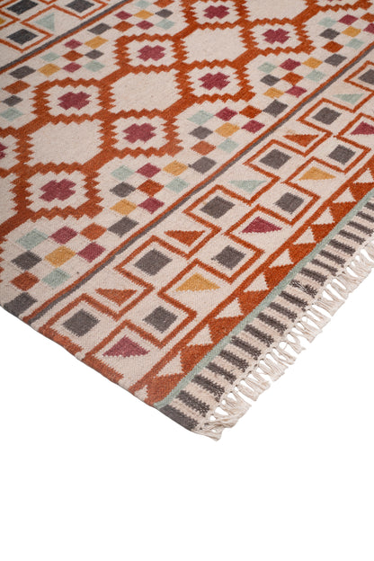 Handwoven Wool Kilim Durrie Rug, Multicolor Geometric Tribal Area Rug, Traditional Indian Flatweave Carpet