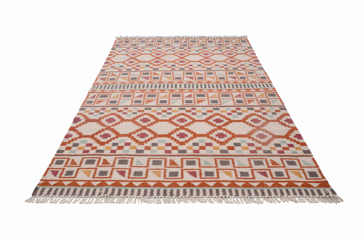 Handwoven Wool Kilim Durrie Rug, Multicolor Geometric Tribal Area Rug, Traditional Indian Flatweave Carpet