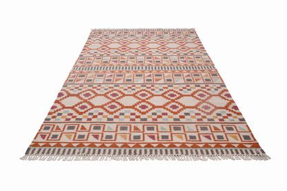 Handwoven Wool Kilim Durrie Rug, Multicolor Geometric Tribal Area Rug, Traditional Indian Flatweave Carpet