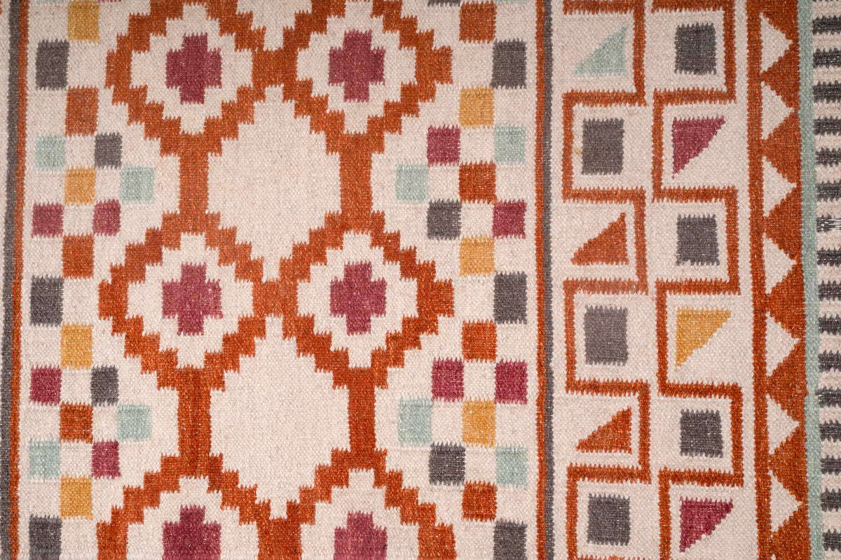 Handwoven Wool Kilim Durrie Rug, Multicolor Geometric Tribal Area Rug, Traditional Indian Flatweave Carpet
