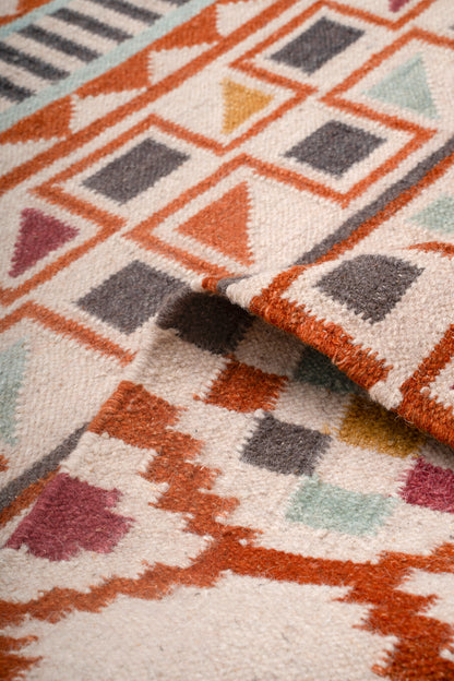 Handwoven Wool Kilim Durrie Rug, Multicolor Geometric Tribal Area Rug, Traditional Indian Flatweave Carpet