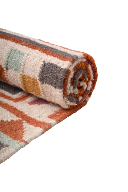 Handwoven Wool Kilim Durrie Rug, Multicolor Geometric Tribal Area Rug, Traditional Indian Flatweave Carpet