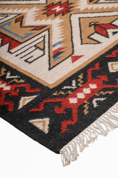 Handwoven Wool Kilim Durrie Rug, Tribal Geometric Area Rug, Multicolor Southwestern Flatweave Carpet